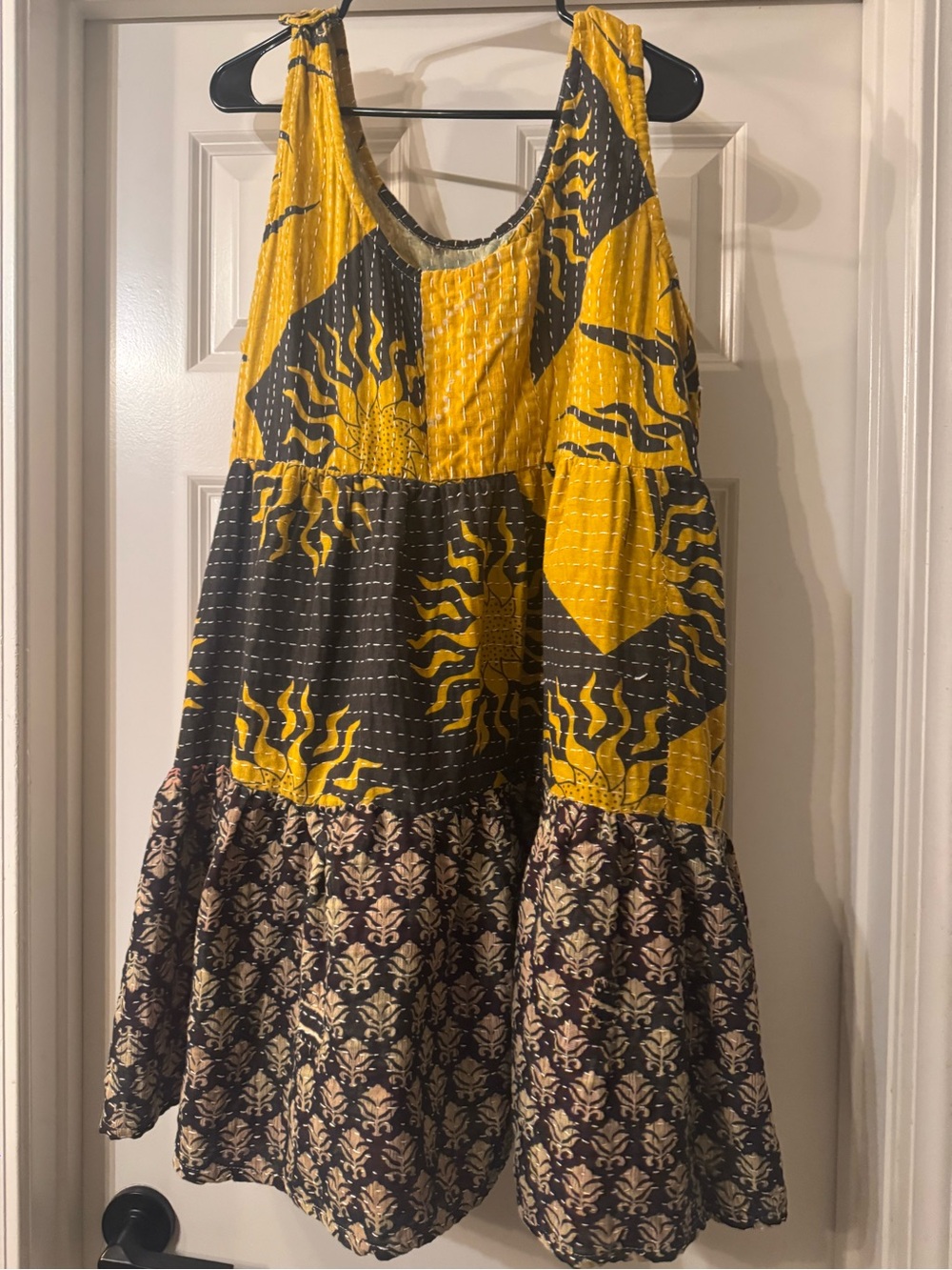 Yellow and Black Patchwork Kantha-Style  Dress